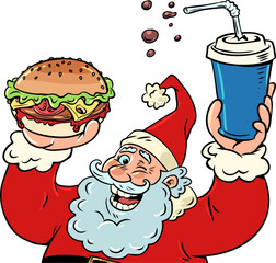 Santa Claus and fast food. Delicious food for new year celebration. Discounts in the restaurant on the eve of the holiday.