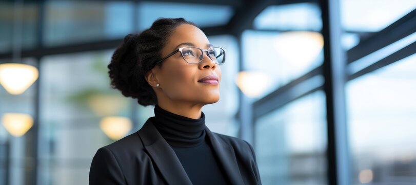 Black female corporate manager looking away with optimism thinking in future investments