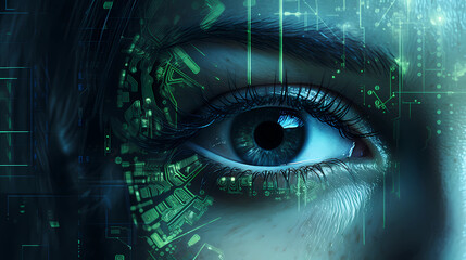 A close-up of the girl’s eye; diagrams and modern technologies are displayed in the pupil. Concept of new technologies, communications, internet, neural network