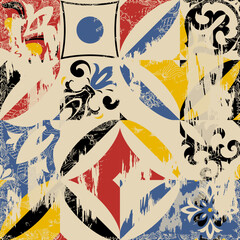 Traditional Oriental pattern, vector illustration. Ornament in retro colors. Seamless colorful floral hand drawn pattern with an effect of attrition. 