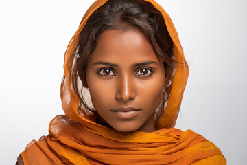 Portrait of Indian woman on white background.