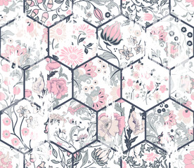 Traditional Oriental pattern, vector illustration. Ornament in retro colors. Seamless colorful floral hand drawn pattern with an effect of attrition. 