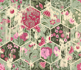 Traditional Oriental pattern, vector illustration. Ornament in retro colors. Seamless colorful floral hand drawn pattern with an effect of attrition. 