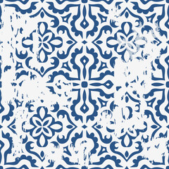 Seamless Azulejo tile with an effect of attrition. Portuguese and Spain decor. Ceramic tile. Seamless Victorian pattern. Vector hand drawn illustration, typical portuguese and spanish tile - 670732728