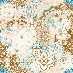 Seamless Azulejo tile with an effect of attrition. Portuguese and Spain decor. Ceramic tile. Seamless Victorian pattern. Vector hand drawn illustration, typical portuguese and spanish tile