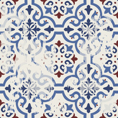 Seamless Azulejo tile with an effect of attrition. Portuguese and Spain decor. Ceramic tile. Seamless Victorian pattern. Vector hand drawn illustration, typical portuguese and spanish tile - 670732732