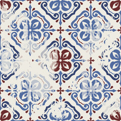Seamless Azulejo tile with an effect of attrition. Portuguese and Spain decor. Ceramic tile. Seamless Victorian pattern. Vector hand drawn illustration, typical portuguese and spanish tile - 670732735