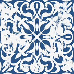 Seamless Azulejo tile with an effect of attrition. Portuguese and Spain decor. Ceramic tile. Seamless Victorian pattern. Vector hand drawn illustration, typical portuguese and spanish tile - 670732738