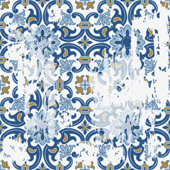 Seamless Azulejo tile with an effect of attrition. Portuguese and Spain decor. Ceramic tile. Seamless Victorian pattern. Vector hand drawn illustration, typical portuguese and spanish tile - 670732740