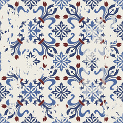 Fototapeta na wymiar Seamless Azulejo tile with an effect of attrition. Portuguese and Spain decor. Ceramic tile. Seamless Victorian pattern. Vector hand drawn illustration, typical portuguese and spanish tile