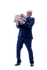 Old businessman holding papers isolated on white