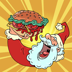 Christmas menu for fast food restaurants. Santa claus eats a juicy burger. Exclusive seasonal offers for customers in the field of delivery.