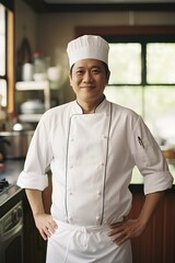 Asia male chef wearing chef's uniform and high chef hat with arms akimbo, on kitchen background. generative AI