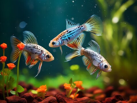 Guppies (Poecilia reticulata) gracefully swimming in a clear fish tank with visible bottom.
