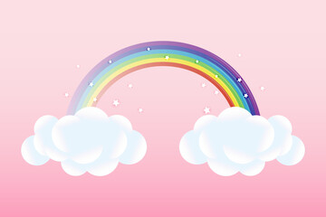 3d baby shower, rainbow with clouds and stars on a pink background, childish design in pastel colors. Background, illustration, vector