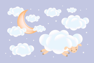 3D baby shower. Sheep sleep on a cloud with a growing moon with clouds on a blue background. Children's design in pastel colors. Background, illustration, vector.
