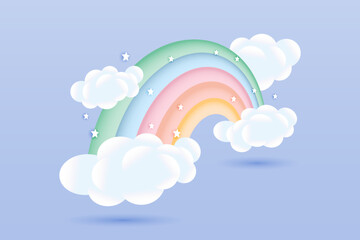 3d baby shower, rainbow with clouds and stars on a pale blue background, childish design in pastel colors. Background, illustration, vector