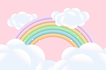 3d baby shower, rainbow with clouds and stars on a pink background, childish design in pastel colors. Background, illustration, vector