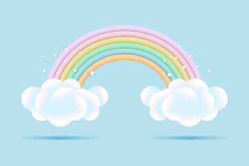 3d baby shower, rainbow with clouds and stars on a pale blue background, childish design in pastel colors. Background, illustration, vector