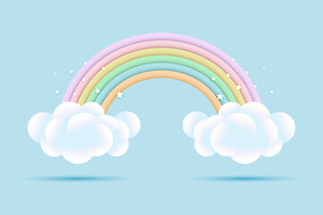 3d baby shower, rainbow with clouds and stars on a pale blue background, childish design in pastel colors. Background, illustration, vector