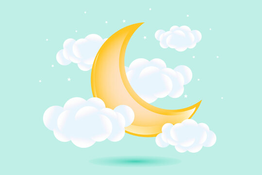 3d baby shower, waxing moon with clouds on a soft green background, childish design in pastel colors. Background, illustration, vector.