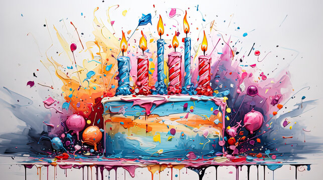 birthday cake with lit candles in a fun thick paint style. ith confetti and drips.. 