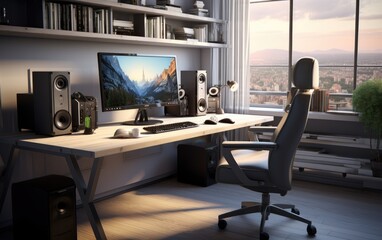 A minimalist office space with a gaming twist
