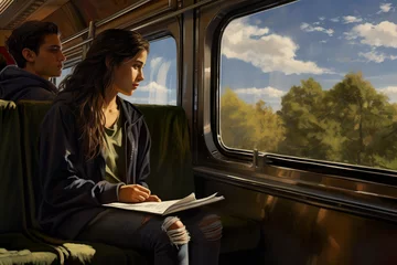 Foto op Canvas Student teenager sitting on the one train by the window © FocusFlamingos