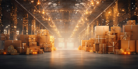 Christmas gifts at factory warehouse. Logistics for holidays.  - obrazy, fototapety, plakaty