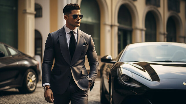Luxury lifestyle concept. Success of rich businessman in 30s with sports car.