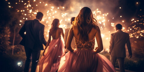 diverse group of friends going to a party at night