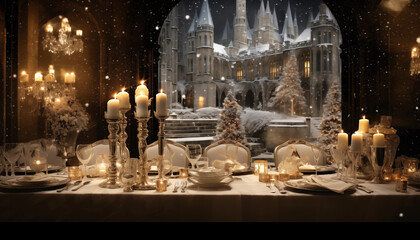 artdeco festlicher opulenter Tisch mit Kerzen vor einer alten Burg oder Schloss - obrazy, fototapety, plakaty