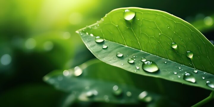 Waterdrop on leaf copy space blurred background. High Quality image