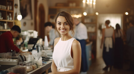 Portrait of a happy waitress standing at restaurant. Happy mature woman owner in grey apron standing at coffee shop entrance leaning while looking away with copy space.