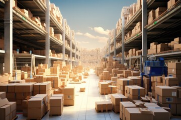 Retail warehouse. product distribution center full of shelves with goods in cartons. - obrazy, fototapety, plakaty