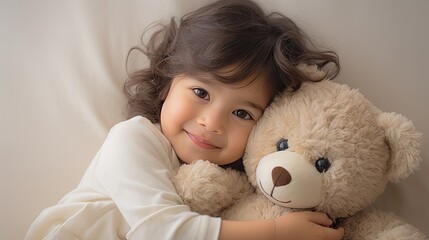 a little child girl, brimming with happiness, hugging her cherished teddy bear. The scene set against a simple light background to emphasize the purity of the moment.