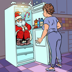 Christmas surprise. Santa Claus hides in the refrigerator and is found by a woman. Seasonal sales of household appliances.