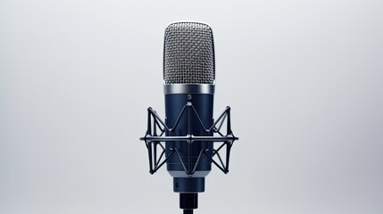 a media journalist's microphone on a light background with ample empty space on the left for text or graphics. The composition clean and professional.