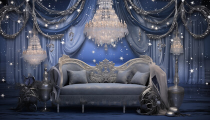 artdeco oder baroque Sofa mit großem opulentem Kronleuchter und Kerzen und weihnachtlicher Dekoration - obrazy, fototapety, plakaty