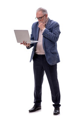 Old businessman with computer isolated on white