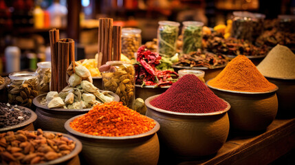Colorful spices and dyes found at asian or african market - obrazy, fototapety, plakaty