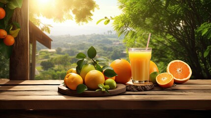 a glass brimming with freshly squeezed orange juice placed amidst a selection of ripe, fresh fruits on a rustic wooden table. The warm, natural lighting emphasize the freshness