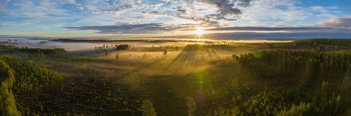 Scenic drone panorama photo of very foggy sunrise over forest, landscape in North Sweden, golden sun light beams and shadows. Beautiful northern Sweden, Vasterbotten, Umea, lens flare © Alexandre Patchine