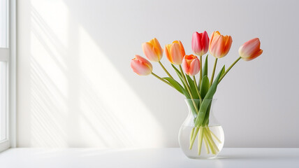 Bouquet of tulips in glass vase near window. Copy space. 