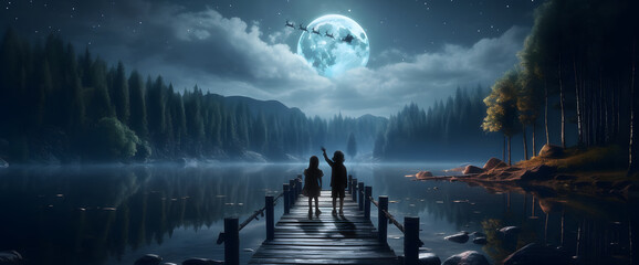 landscape of a lake at night and on the pier 2 children greeting Santa Claus under the moonlight - obrazy, fototapety, plakaty