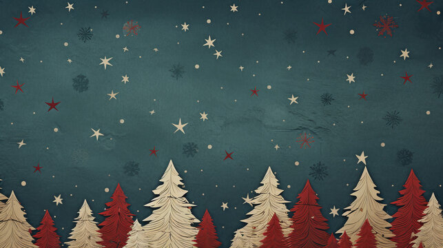 Blue paper texture wallpaper Christmas background with trees and stars.