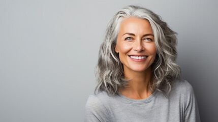 Obraz premium Middle-aged woman with beautiful gray hair with long hair, copy space available