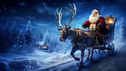 Küchenrückwand glas motiv Santa claus riding sleigh with reindeer generative ai © GHart