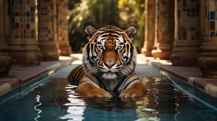 Tigre poderoso em piscina de luxo  - obrazy, fototapety, plakaty