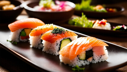 sushi, rice, salmon, fish, wasabi, shrimp, cucumber, vinegar, nori, salt, sugar, avocado, ginger, seaweed, sheet, food, meal, japanese, japan, asia, asian, roll, seafood, raw, plate, fresh, gourmet